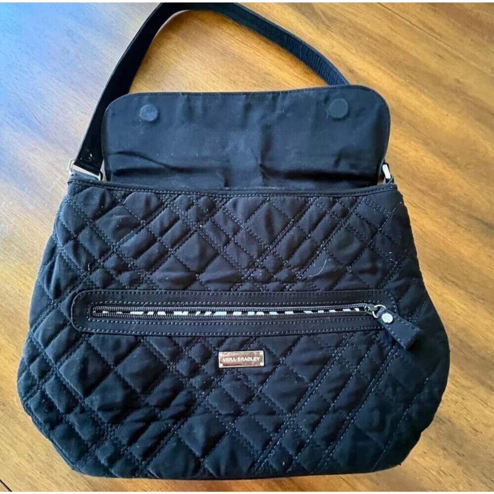 Vera Bradley Black Quilted Microfiber Flap Shoulder Bag with Zebra Print Lining